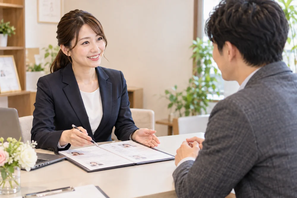 スーツ姿の女性カウンセラーが、資料を広げながら笑顔で男性に説明している様子